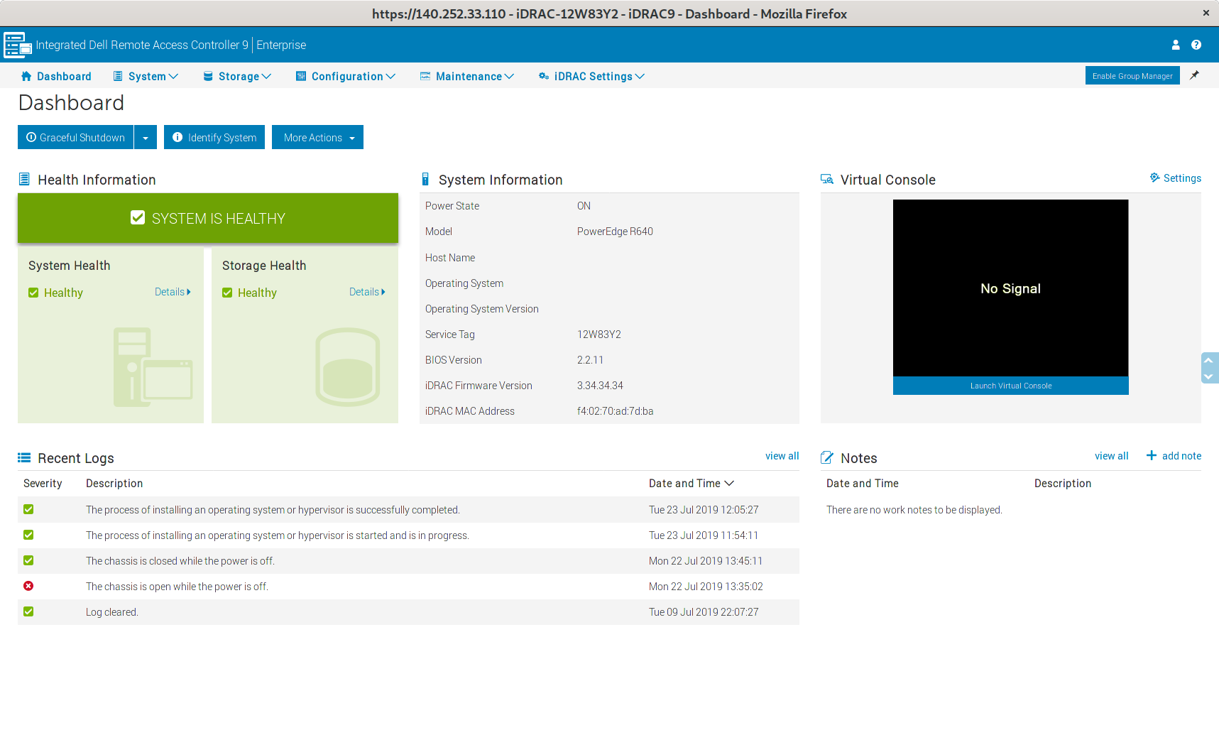 screenshot of dell iDRAC www interface